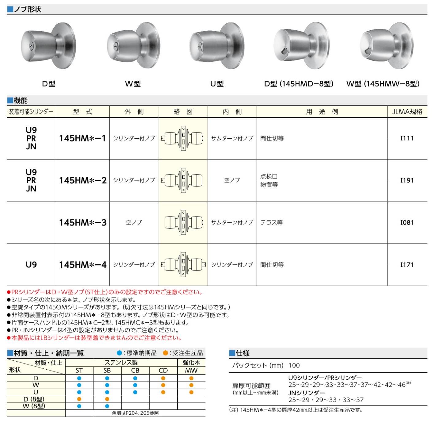 予約販売】本 145HMD-1 MIWA 145HMシリーズ 握り玉錠 バックセット:100mm